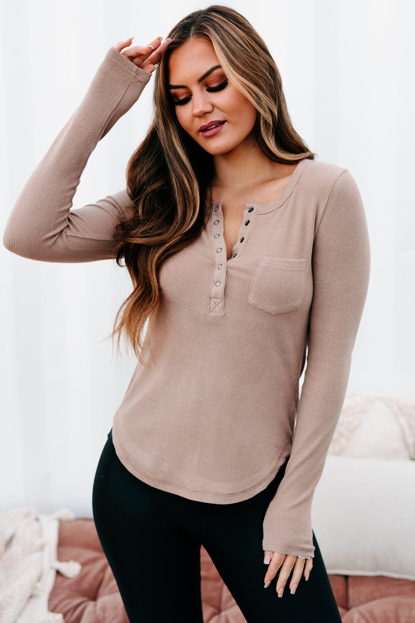 Ribbed Henley Long Sleeve Top