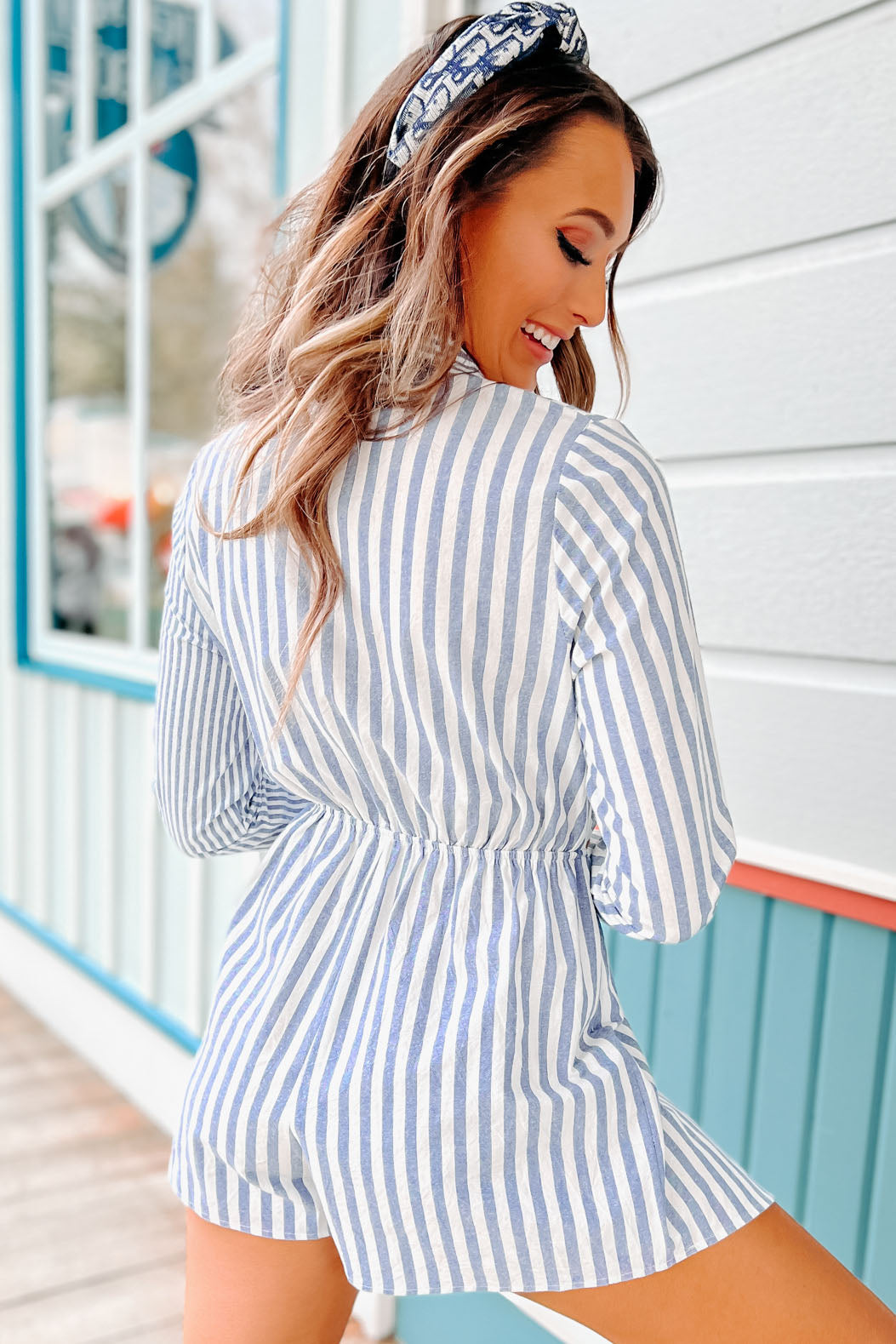 I'm Your Girl Striped Tie-Front Cut-Out Romper (Blue) - NanaMacs