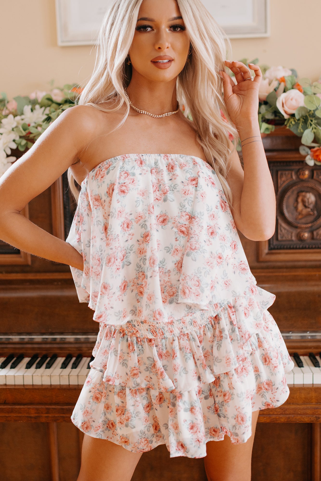 Strapless Ruffle Romper in Pink