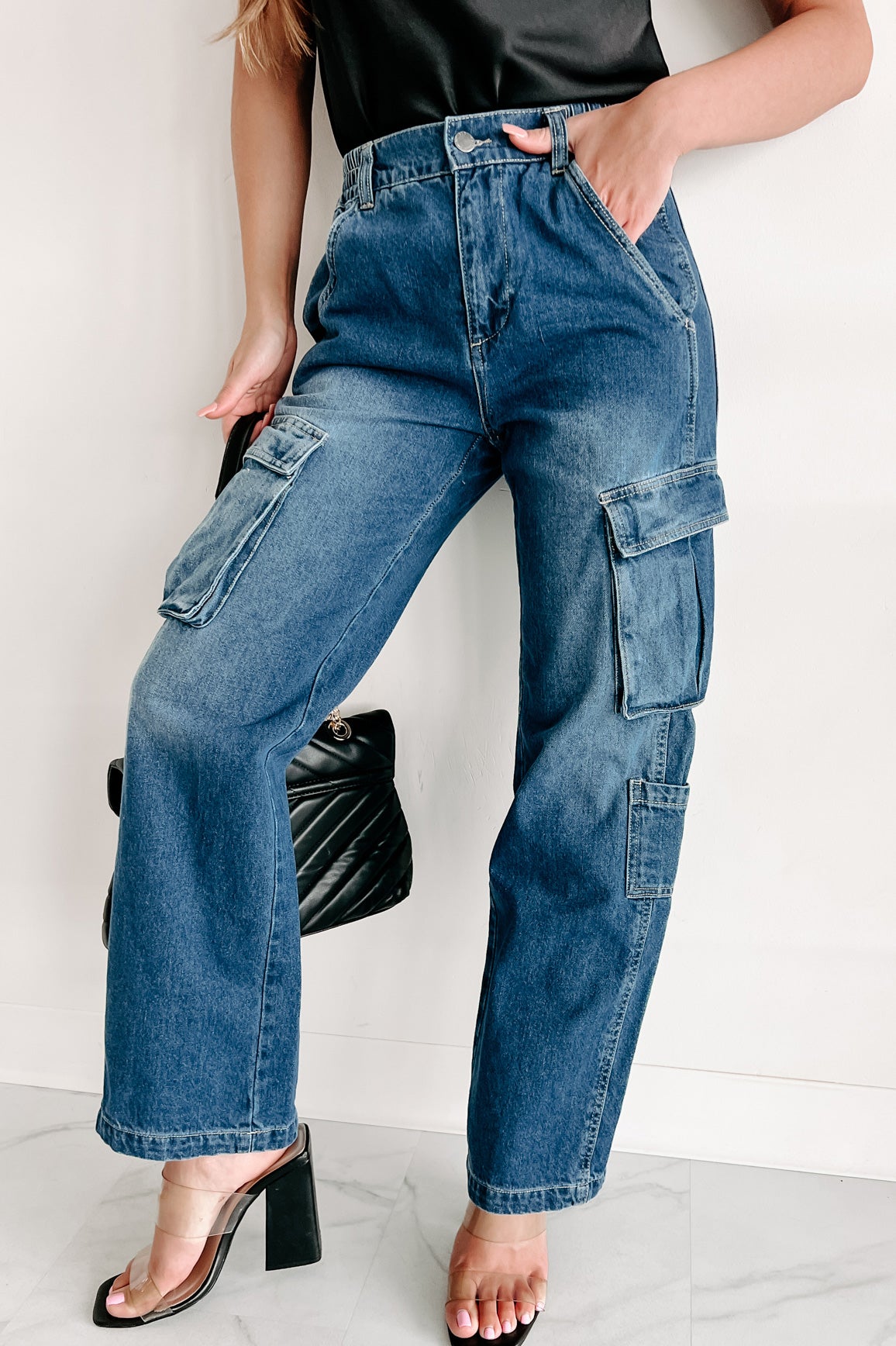 Get To The Point Wide Leg Cargo Jeans (Medium Denim) - NanaMacs
