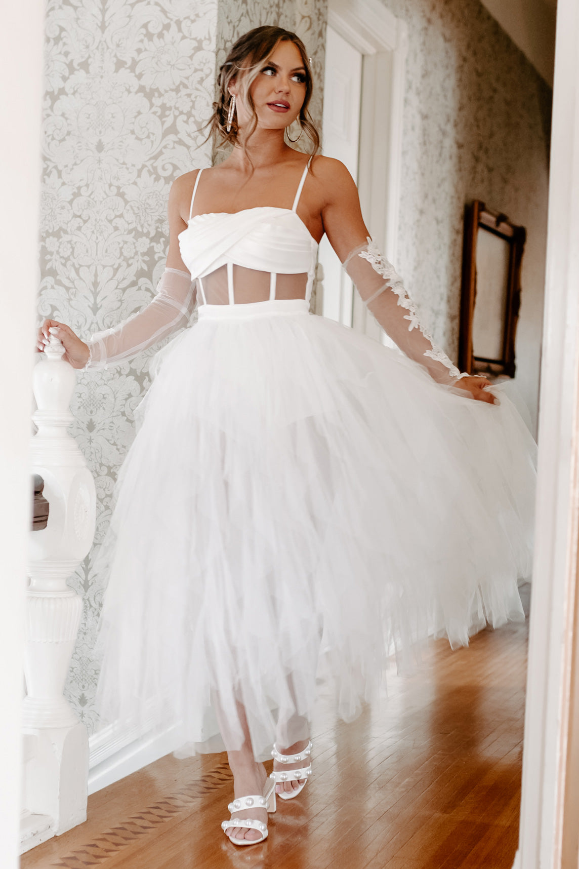 Living In A Fantasy Ruffled Tulle Bodysuit Dress (White)