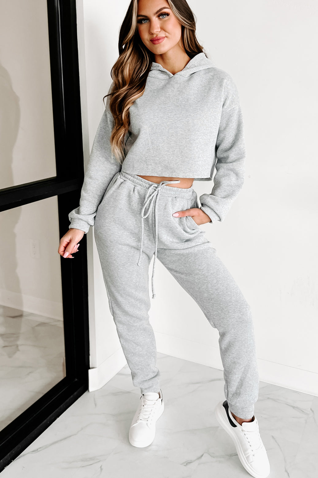 GREY Basic cropped hoodie and joggers set, Womens Loungewear