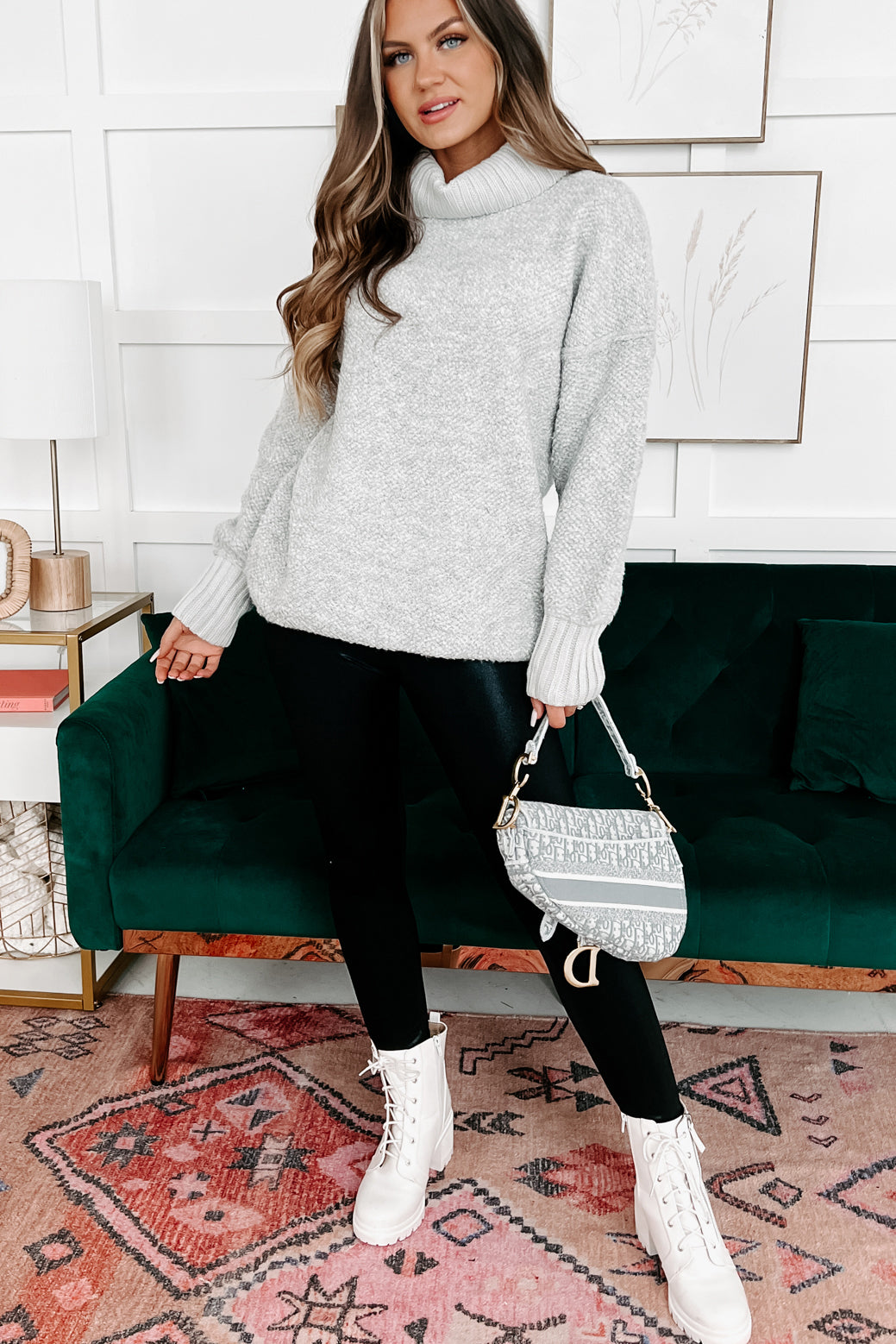 Grey Knit Turtleneck with Tights Outfits (4 ideas & outfits)
