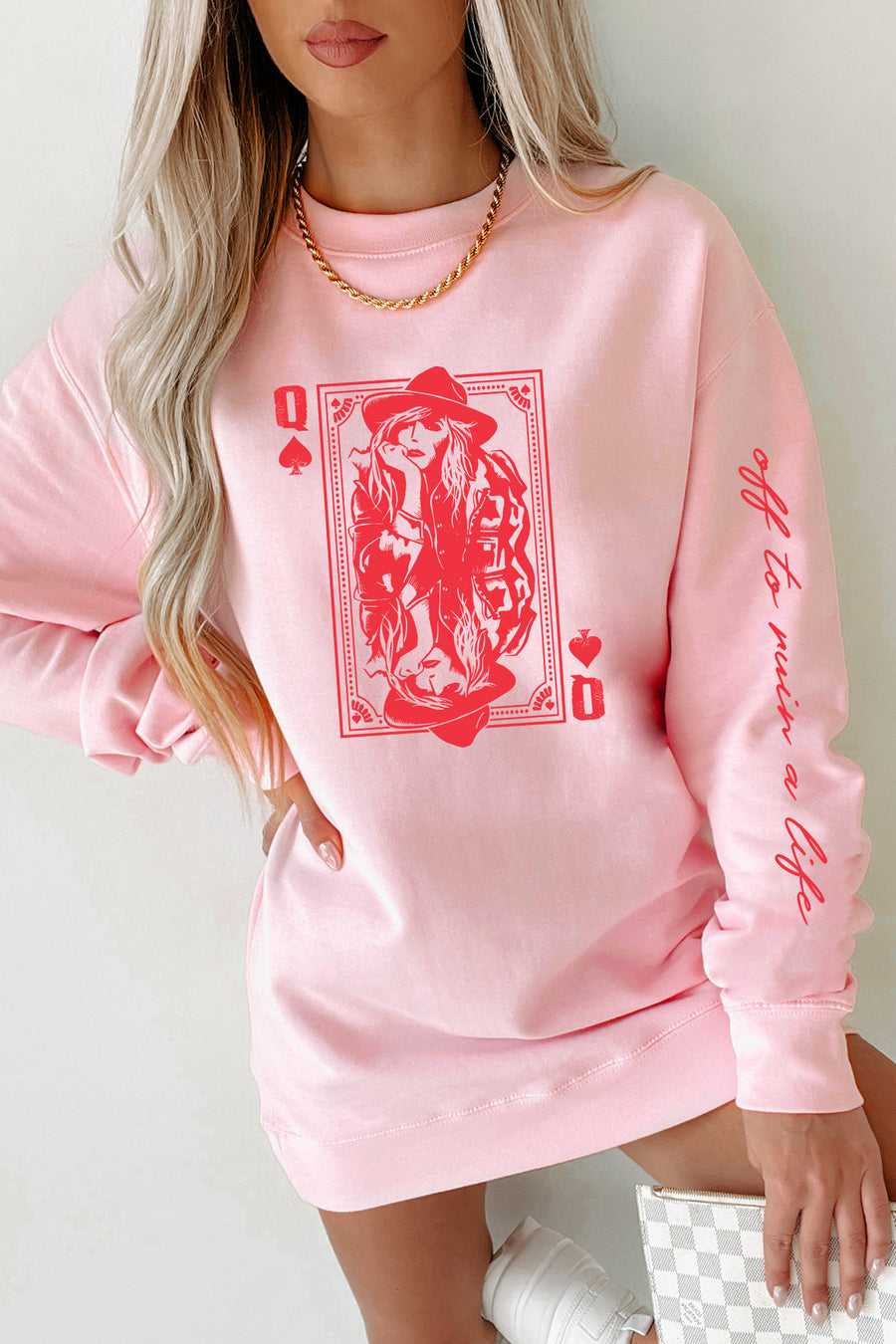 "Off To Ruin A Life" Double-Sided Graphic Crewneck (Light Pink) - Print On Demand - NanaMacs