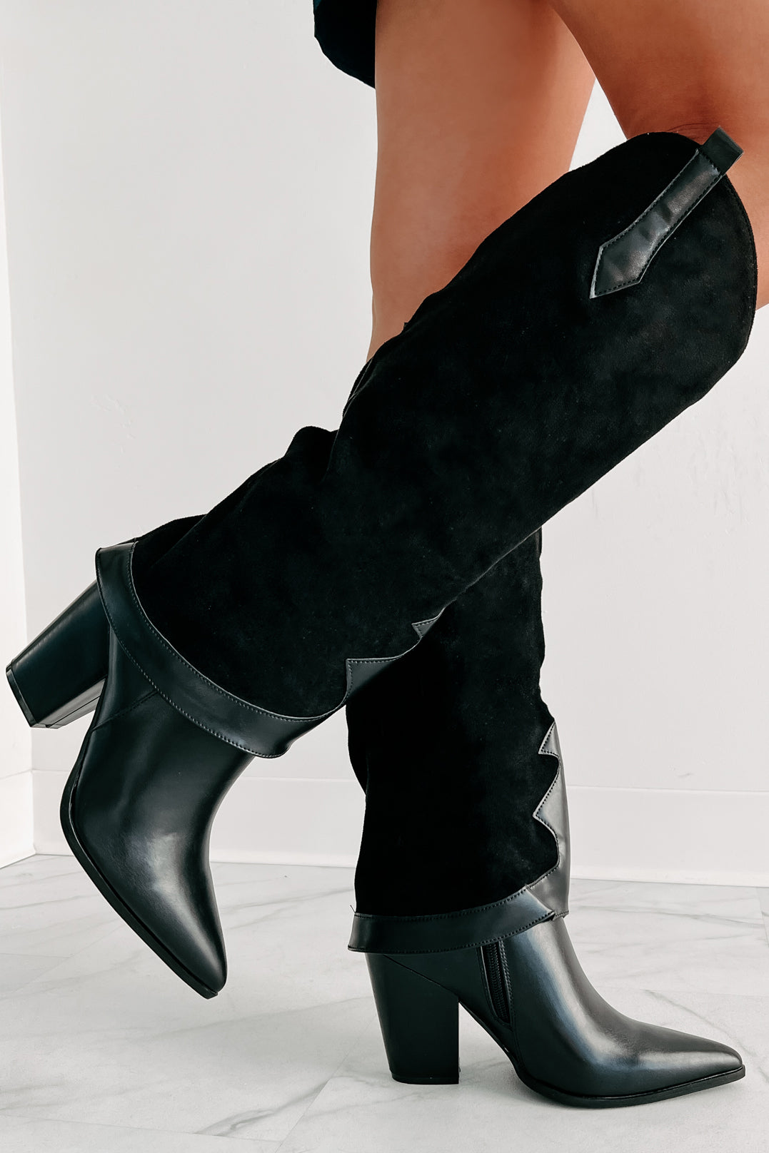 Block Heel Knee High Boots - Black Leather