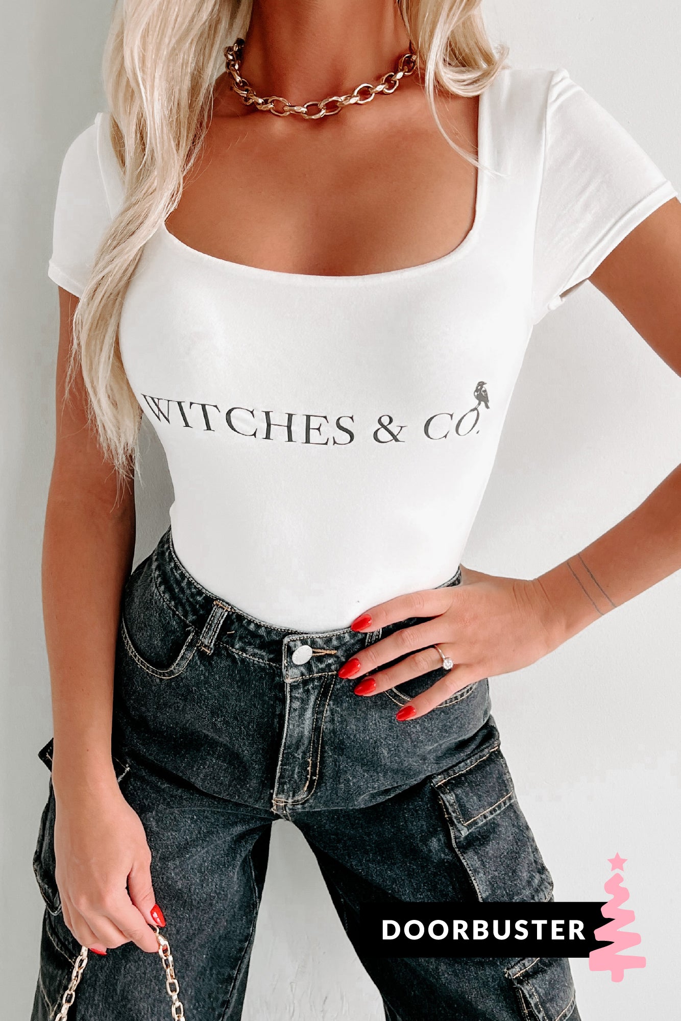Doorbuster "Witches & Co." Short Sleeve Square Neck Graphic Bodysuit (White) - Print On Demand - NanaMacs