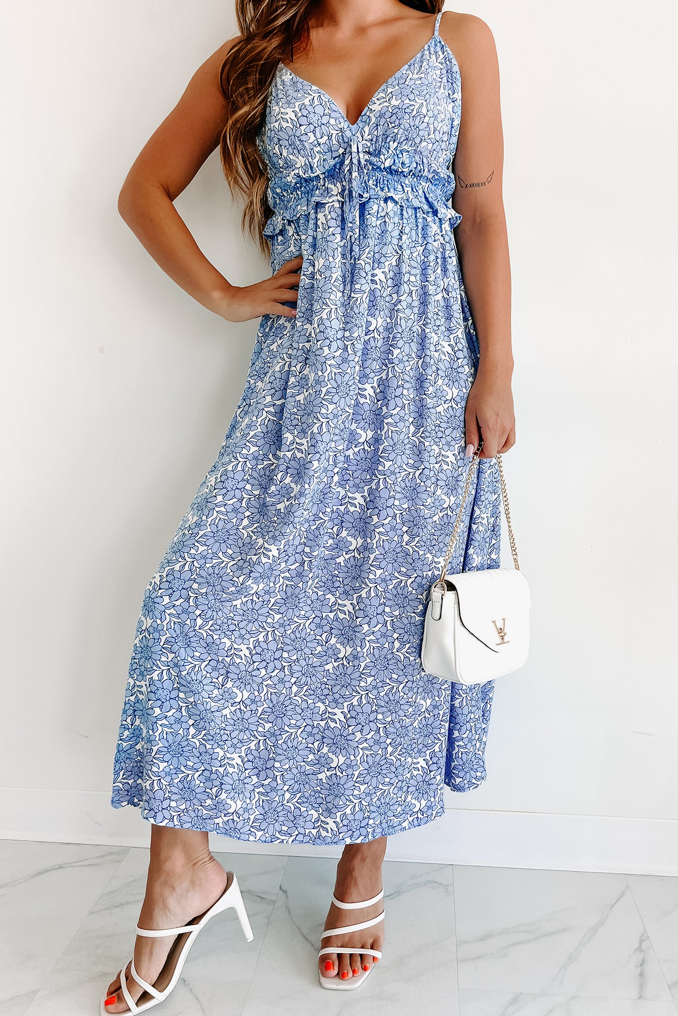 Rebecca Floral Maxi Dress (White/Blue) - NanaMacs
