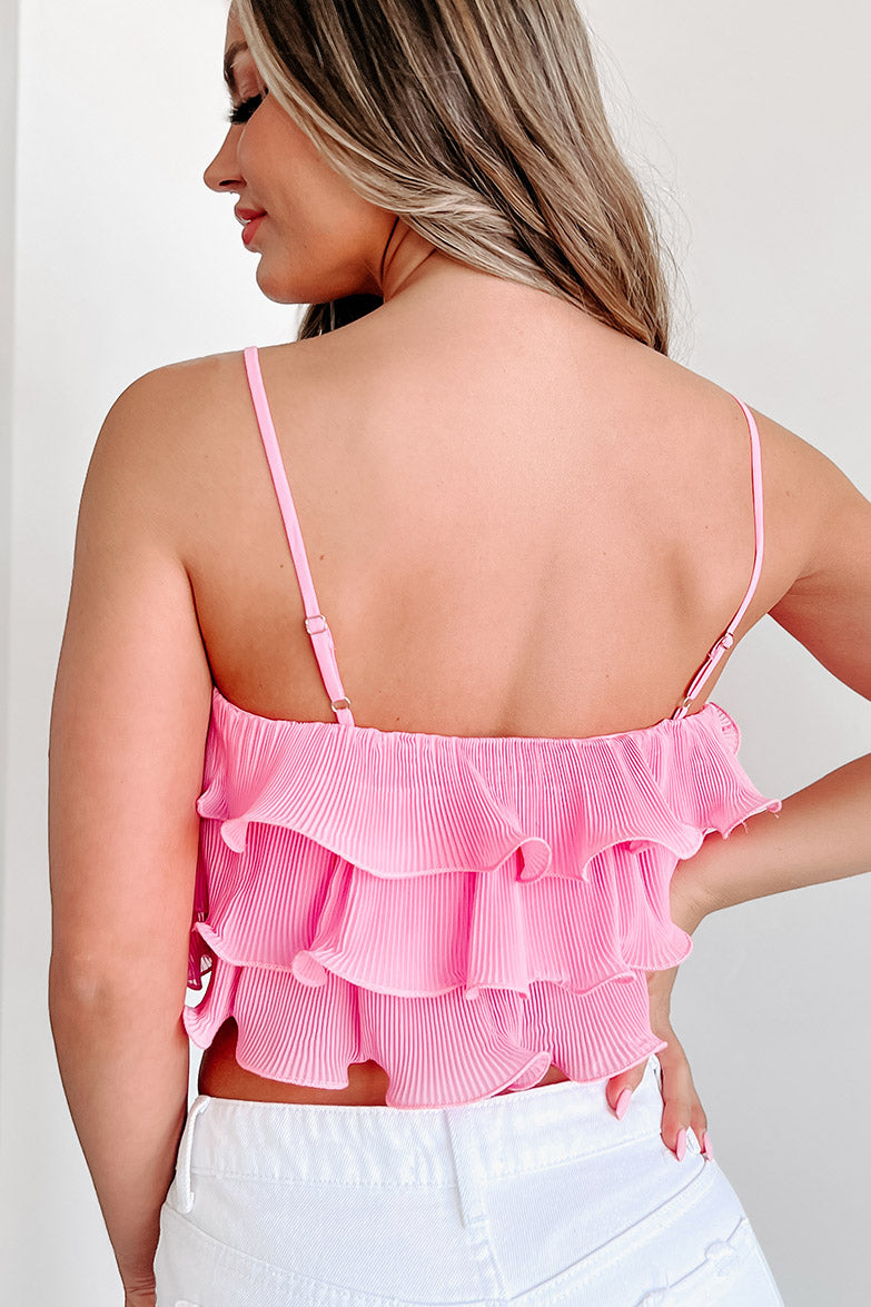 Swaying Palms Tiered Pleated Ruffle Crop Top (Bubblegum Pink)