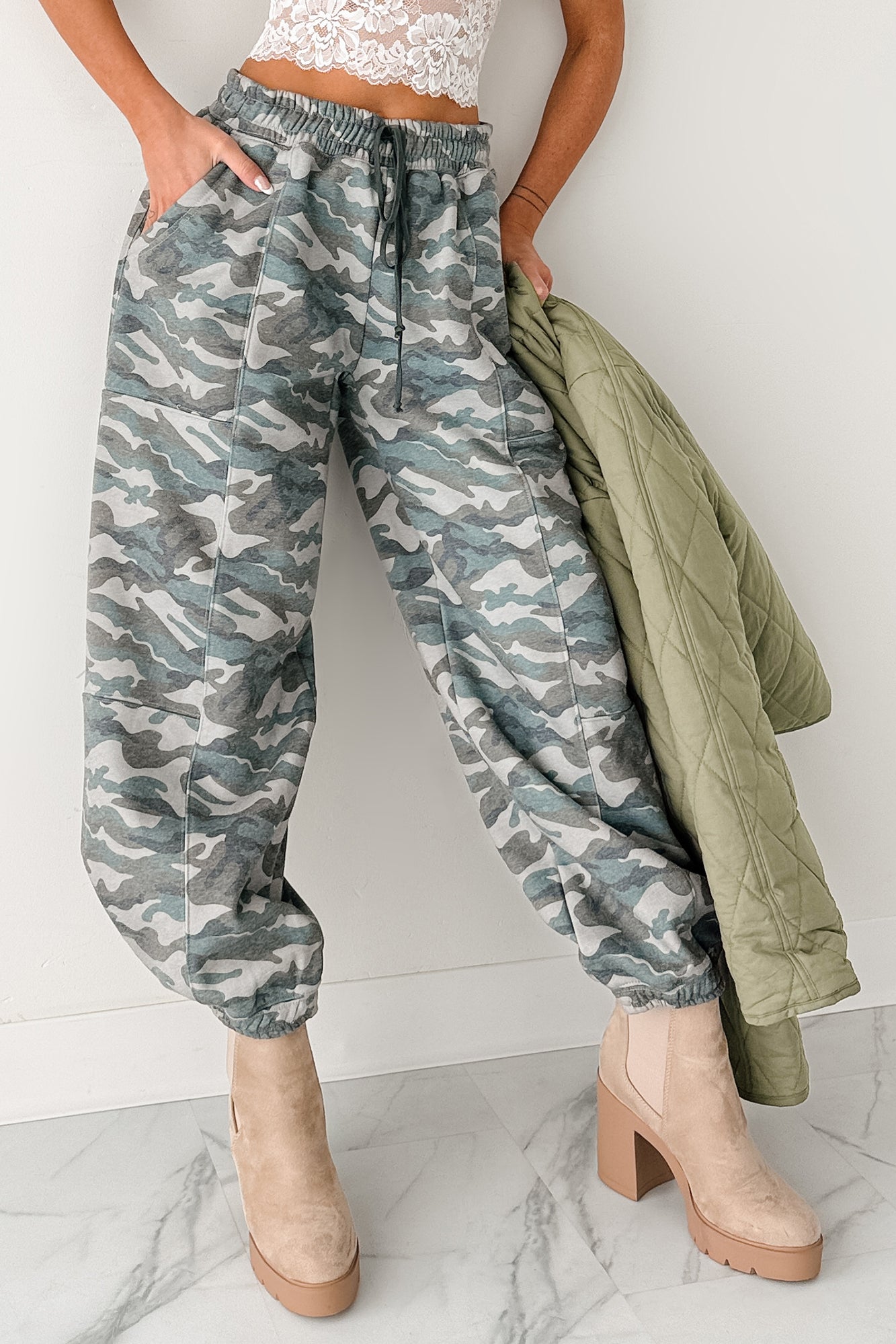 Brave Heart Drawstring Jogger Sweatpants (Camo Green) - NanaMacs