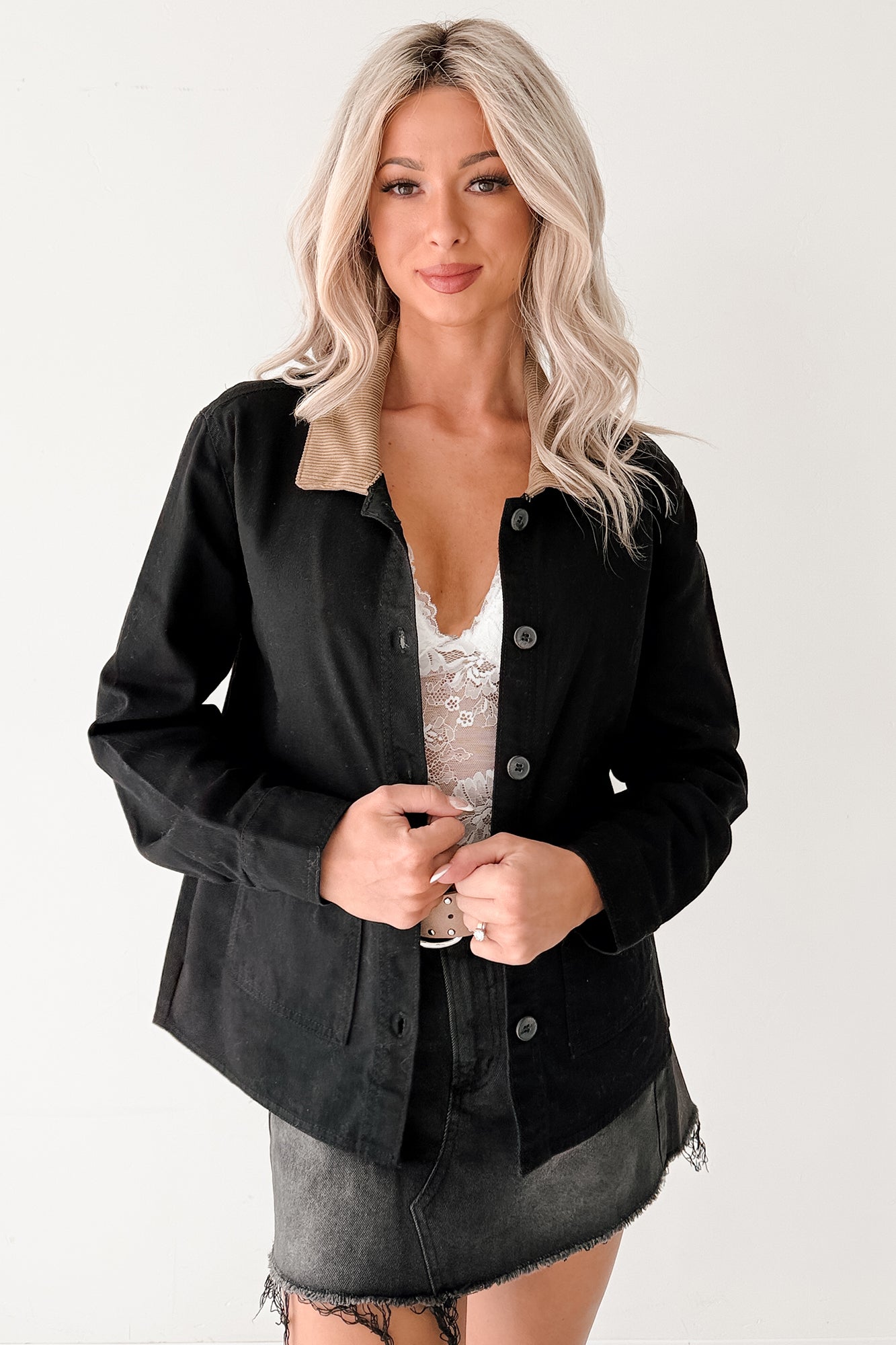 Into The Unknown Denim Contrast Corduroy Collar Jacket (Black) - NanaMacs