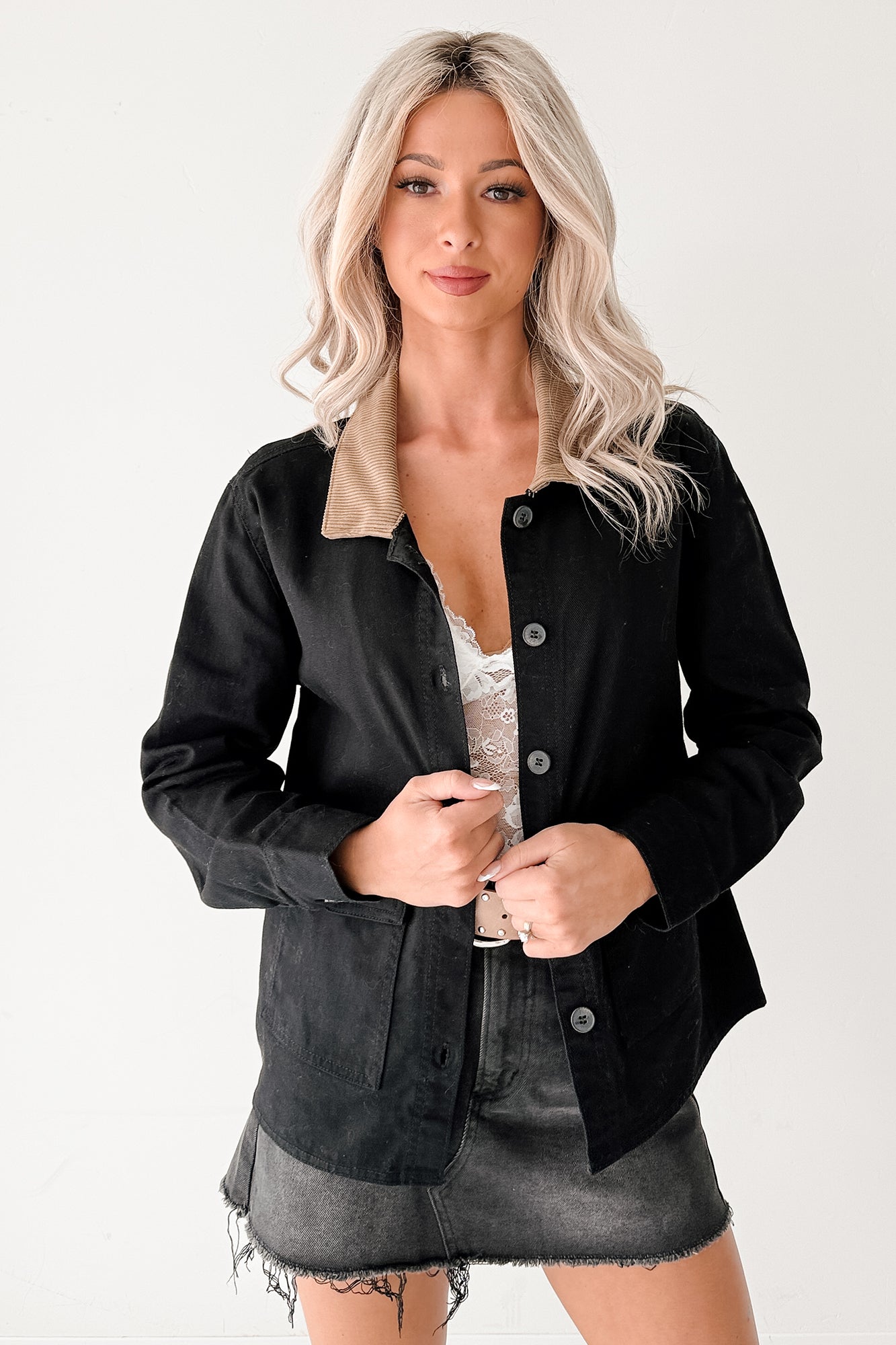 Into The Unknown Denim Contrast Corduroy Collar Jacket (Black) - NanaMacs