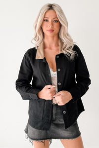 Into The Unknown Denim Contrast Corduroy Collar Jacket (Black) - NanaMacs