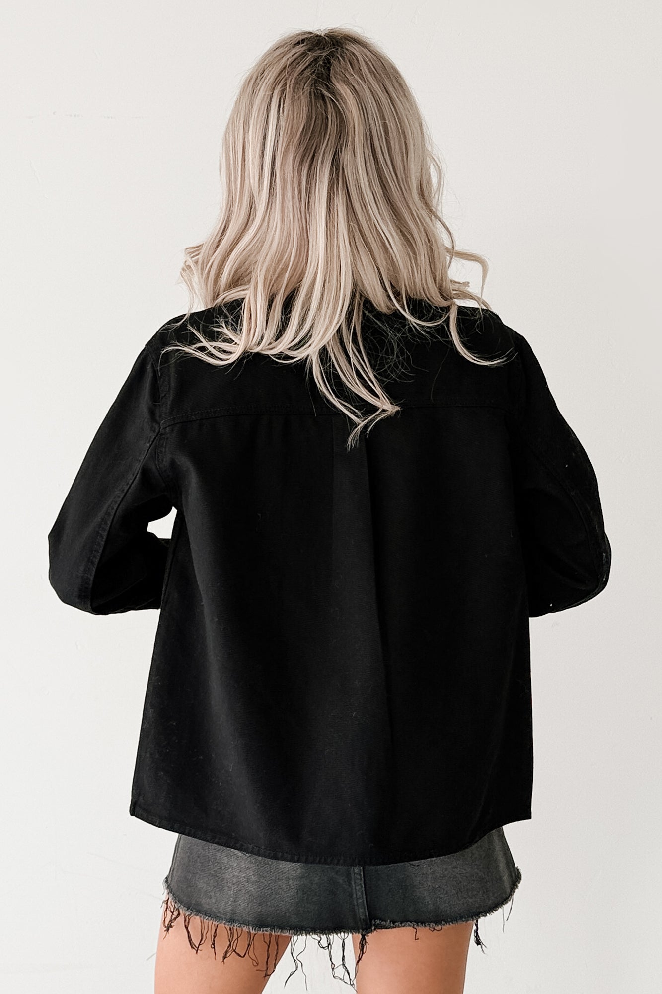 Into The Unknown Denim Contrast Corduroy Collar Jacket (Black) - NanaMacs