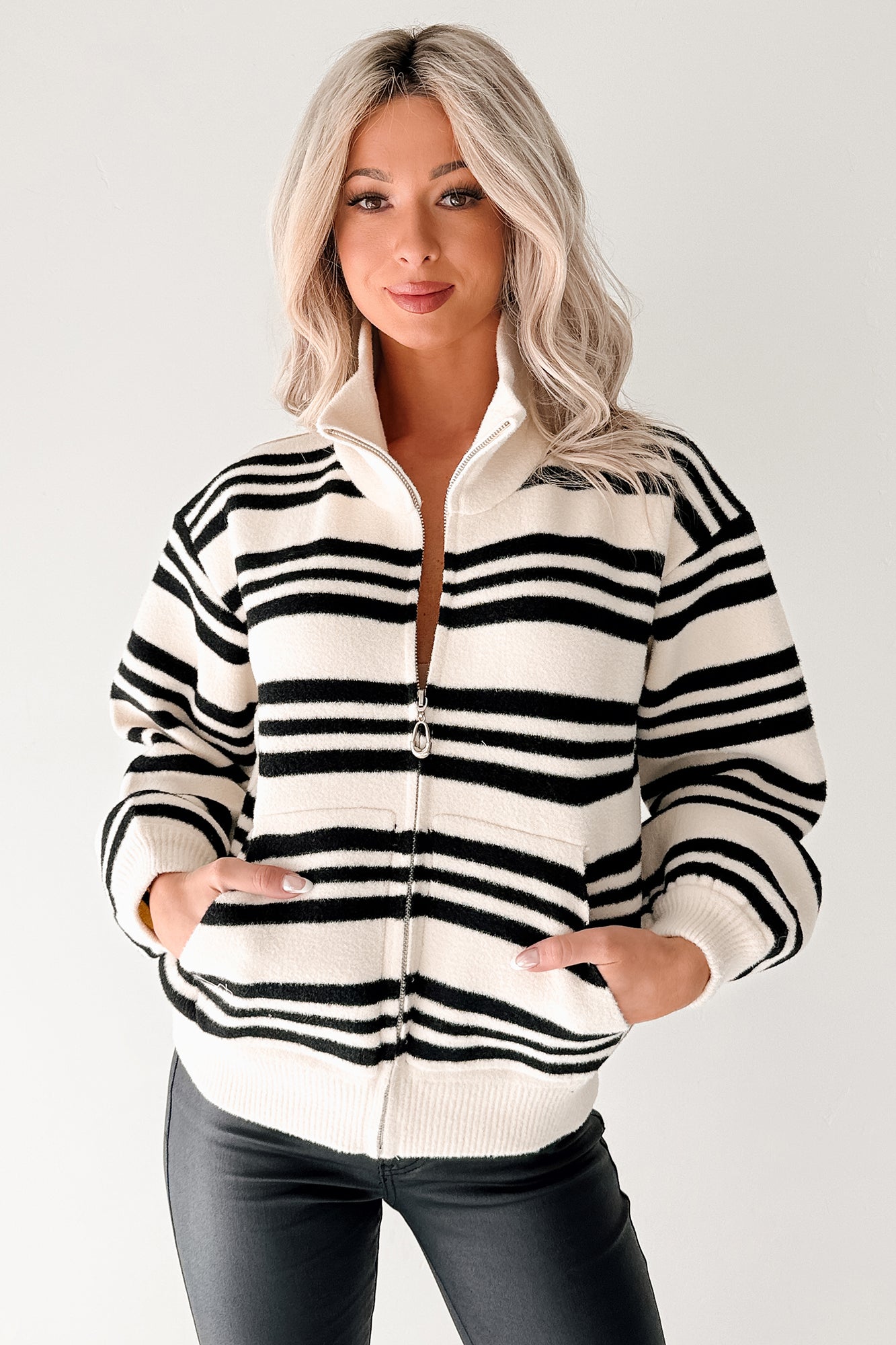 Dreamer's Club Striped Knit Zip-Up Jacket (Ivory) · NanaMacs