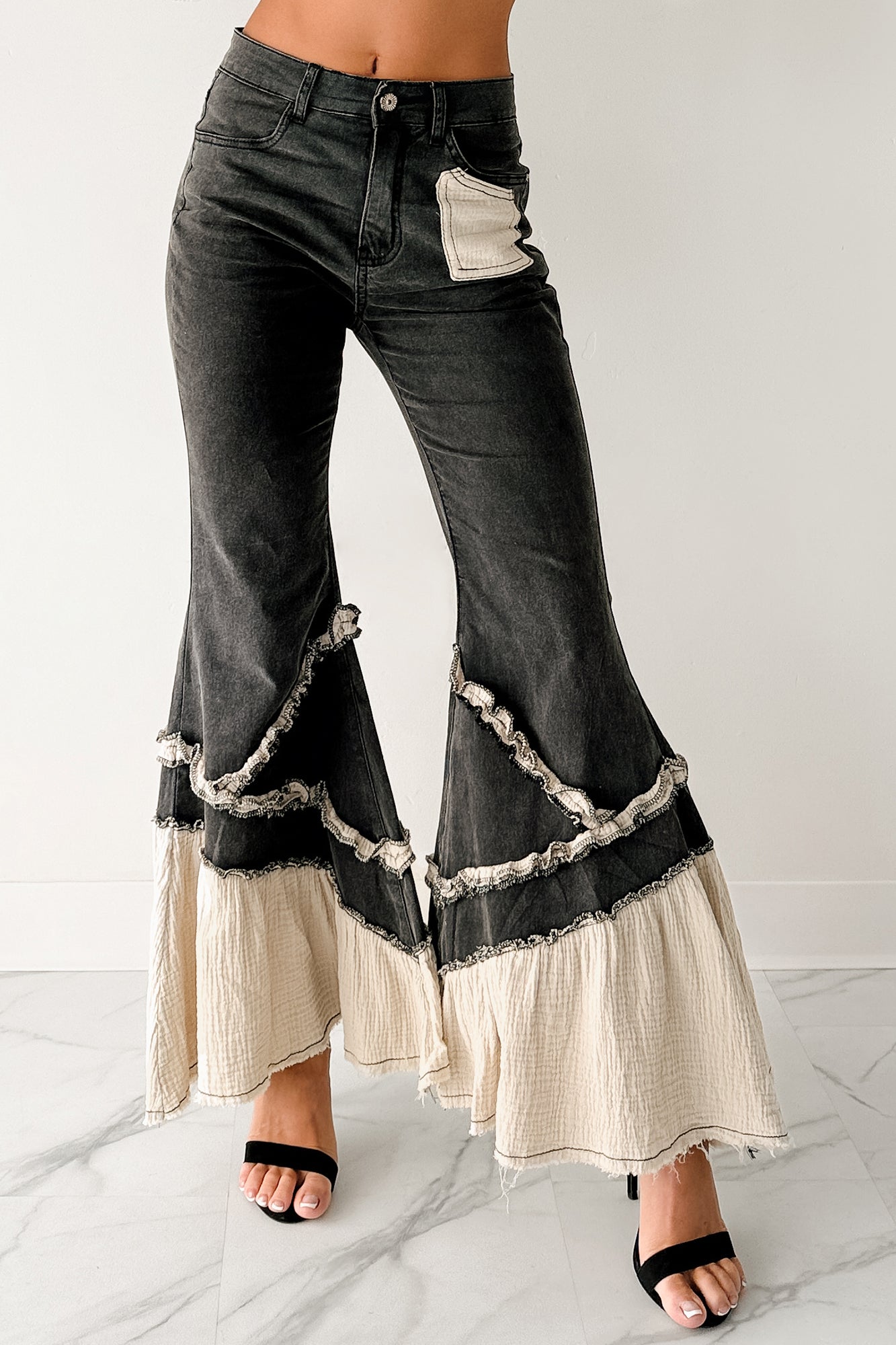 Mackenzie Denim Gauze POL Flare Jeans (Black) · NanaMacs