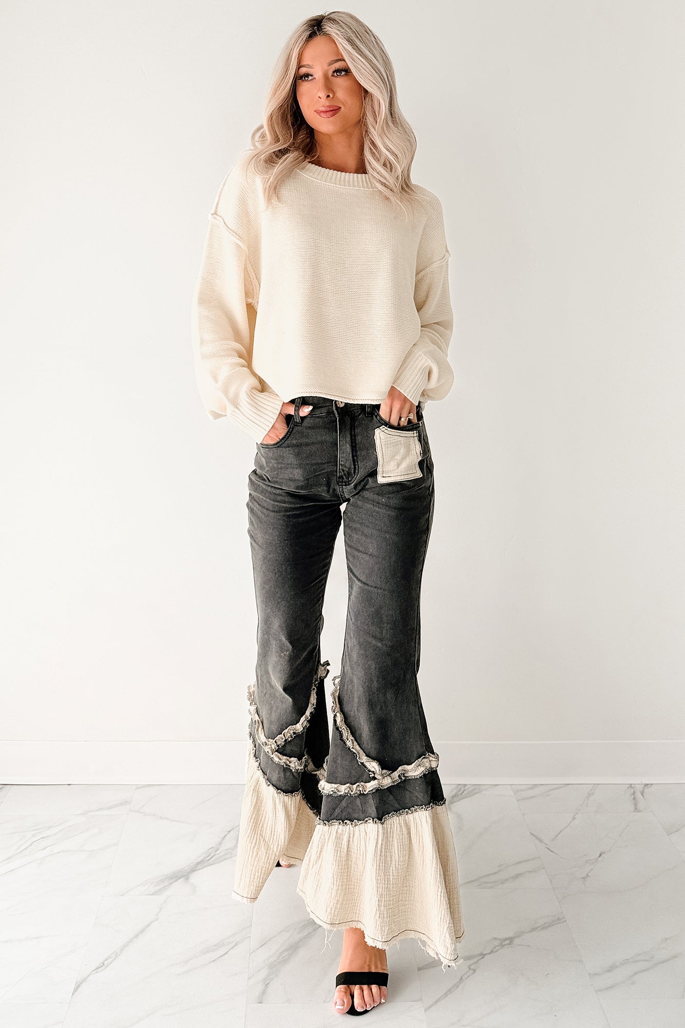 Mackenzie Denim Gauze POL Flare Jeans (Black) - NanaMacs