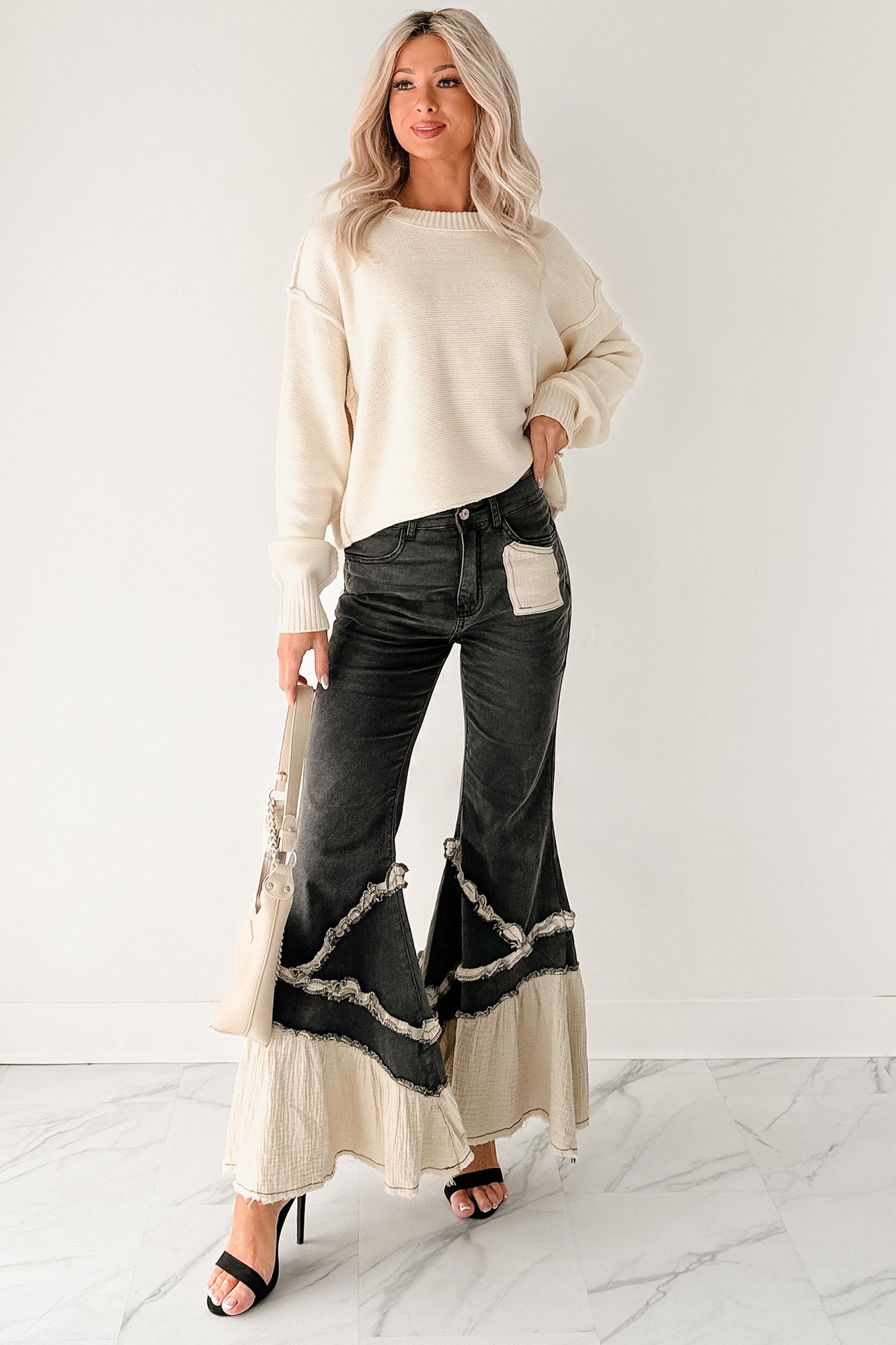 Mackenzie Denim Gauze POL Flare Jeans (Black) - NanaMacs