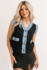 Born For Bold Striped Denim Trim Vest Top (Black) - NanaMacs