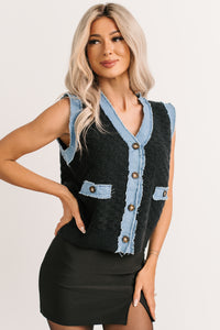 Born For Bold Striped Denim Trim Vest Top (Black) - NanaMacs