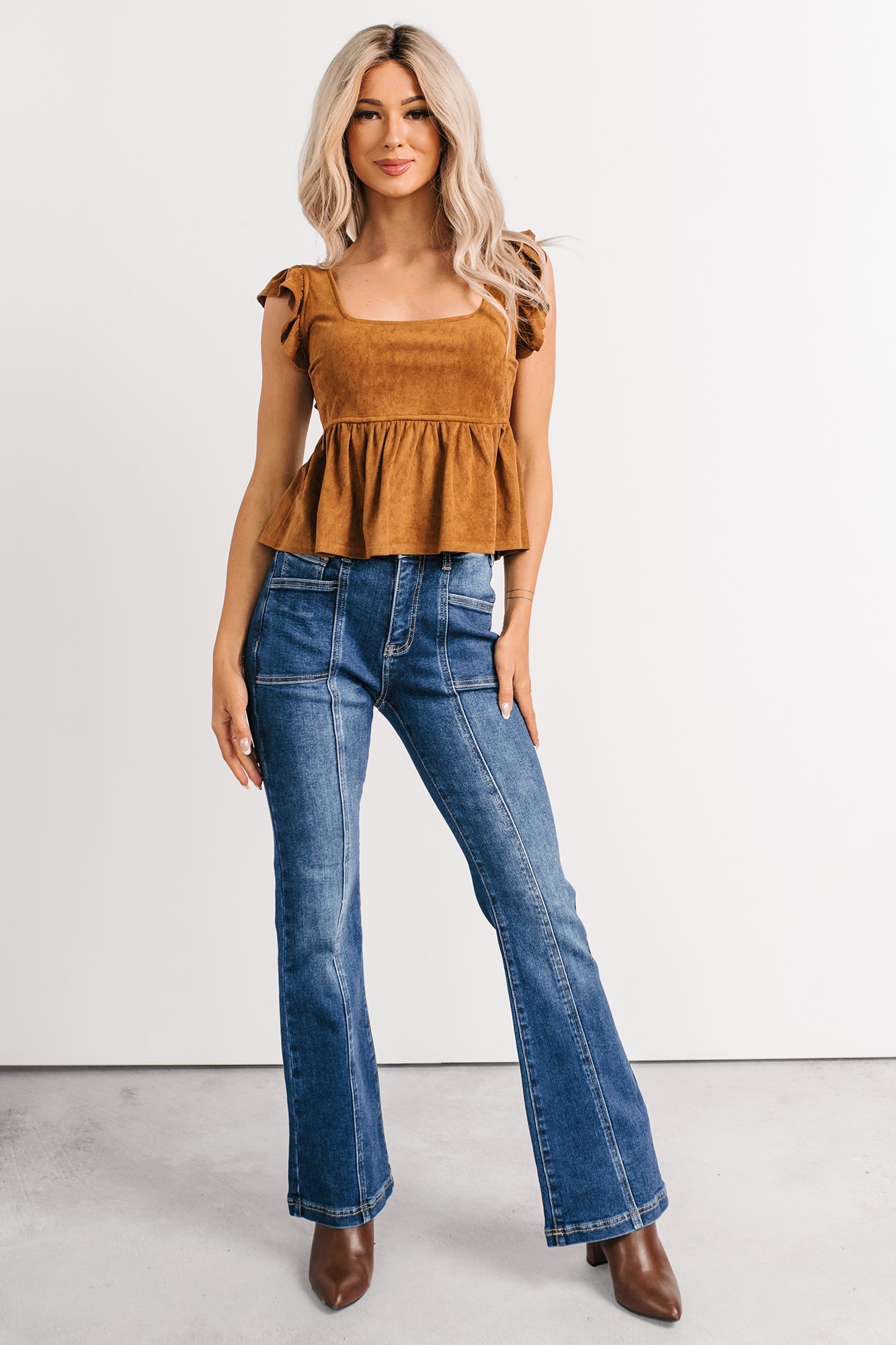 For The Girls Faux Suede Peplum Top (Camel) - NanaMacs