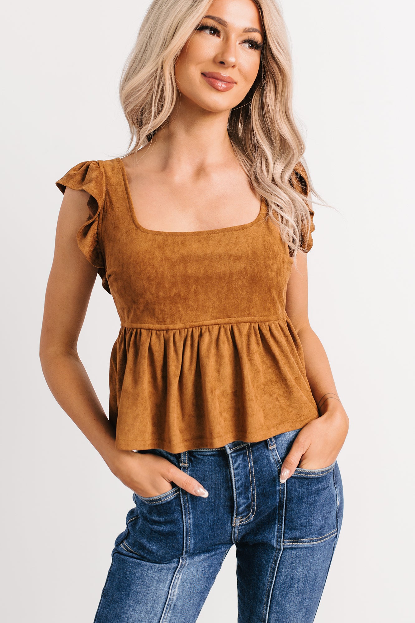 For The Girls Faux Suede Peplum Top (Camel) · NanaMacs