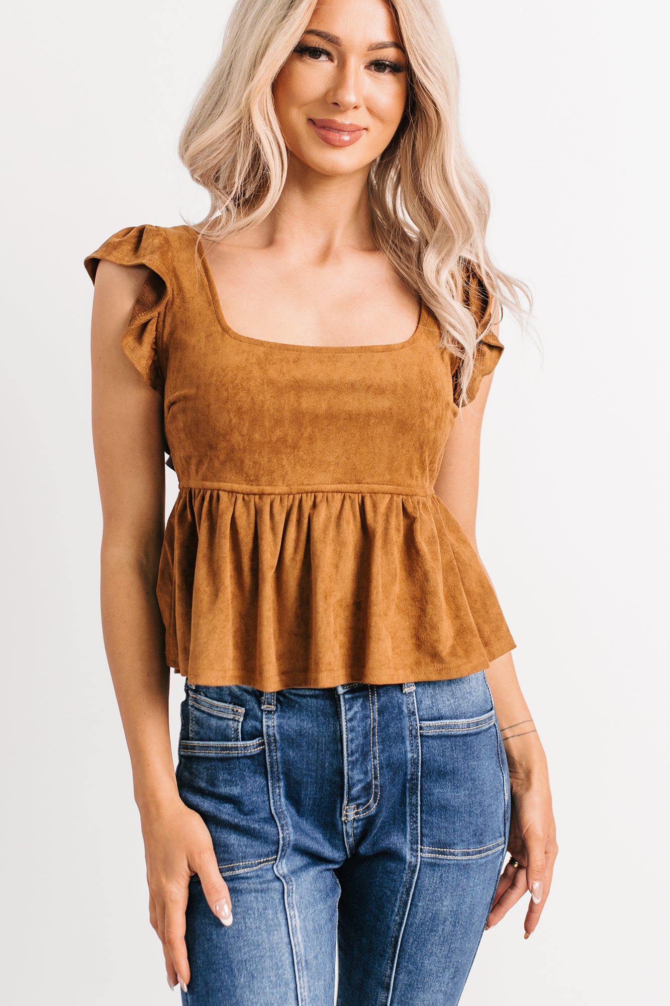 For The Girls Faux Suede Peplum Top (Camel) - NanaMacs