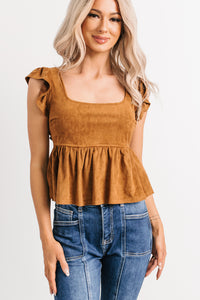 For The Girls Faux Suede Peplum Top (Camel) - NanaMacs