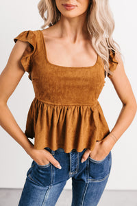 For The Girls Faux Suede Peplum Top (Camel) - NanaMacs