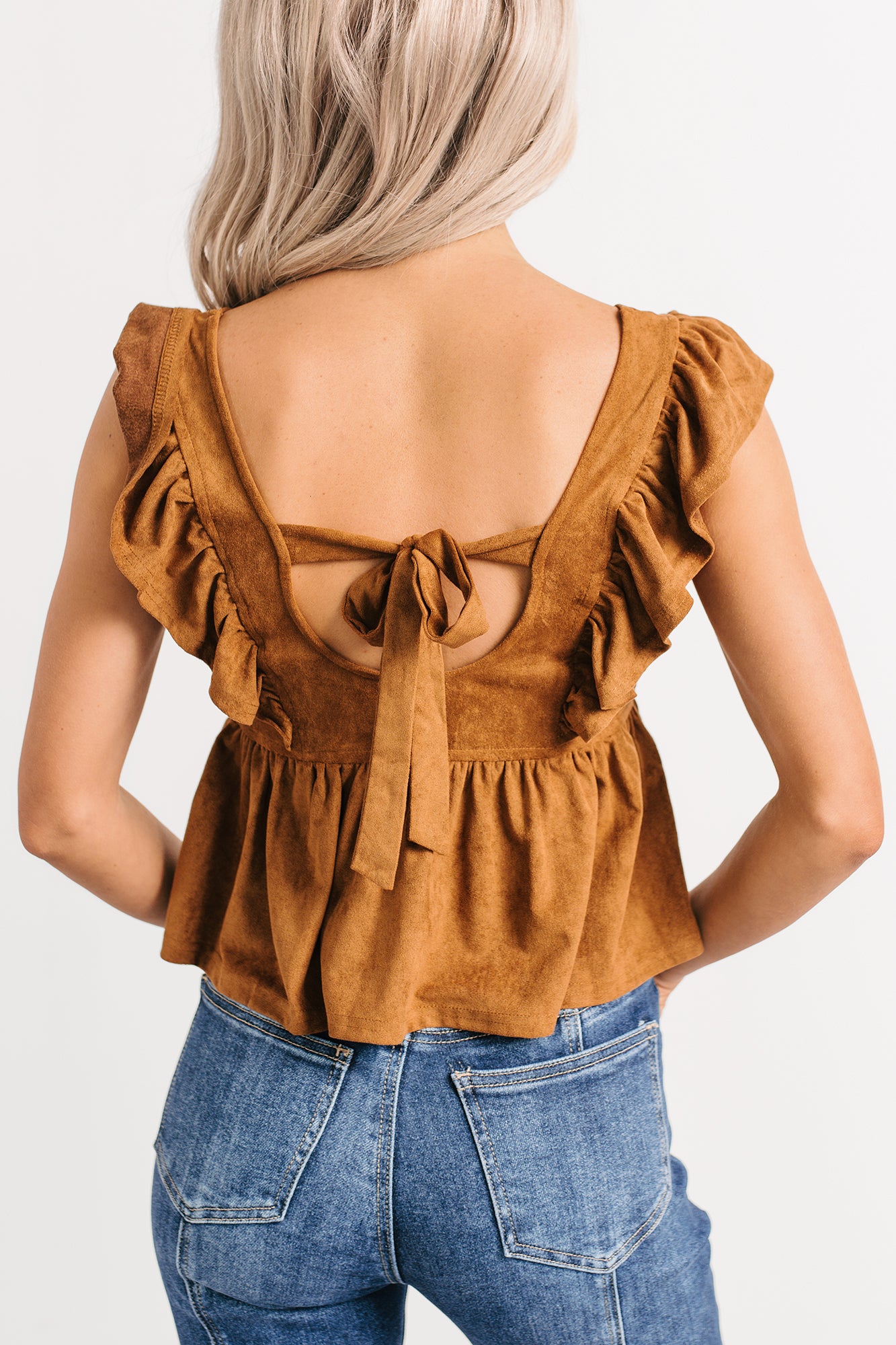 For The Girls Faux Suede Peplum Top (Camel) - NanaMacs