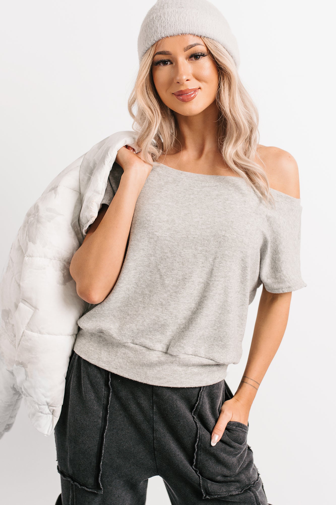 Meet Me There One Shoulder Short Sleeve Top (Heather Grey) - NanaMacs