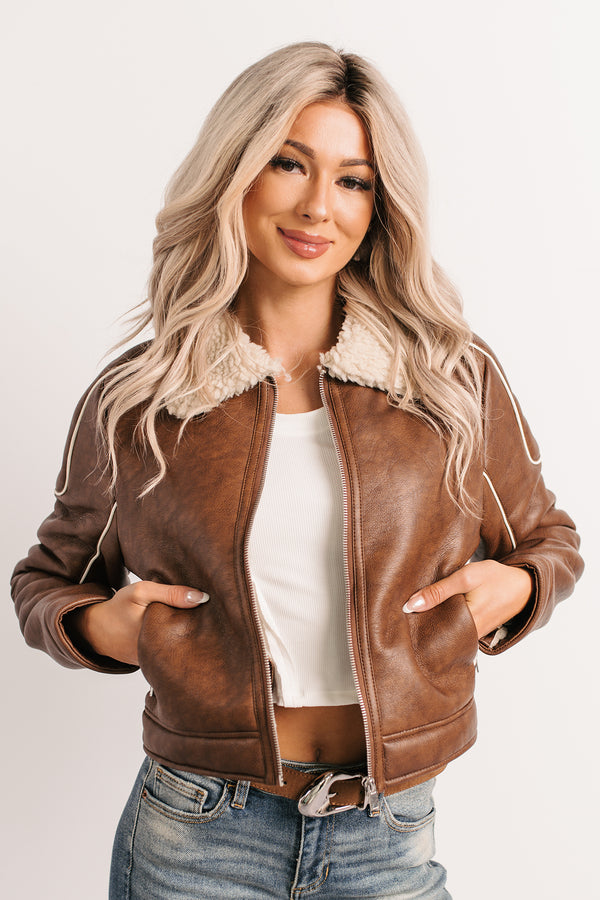 Boss Era Faux Leather Contrast Seam Jacket (Camel)