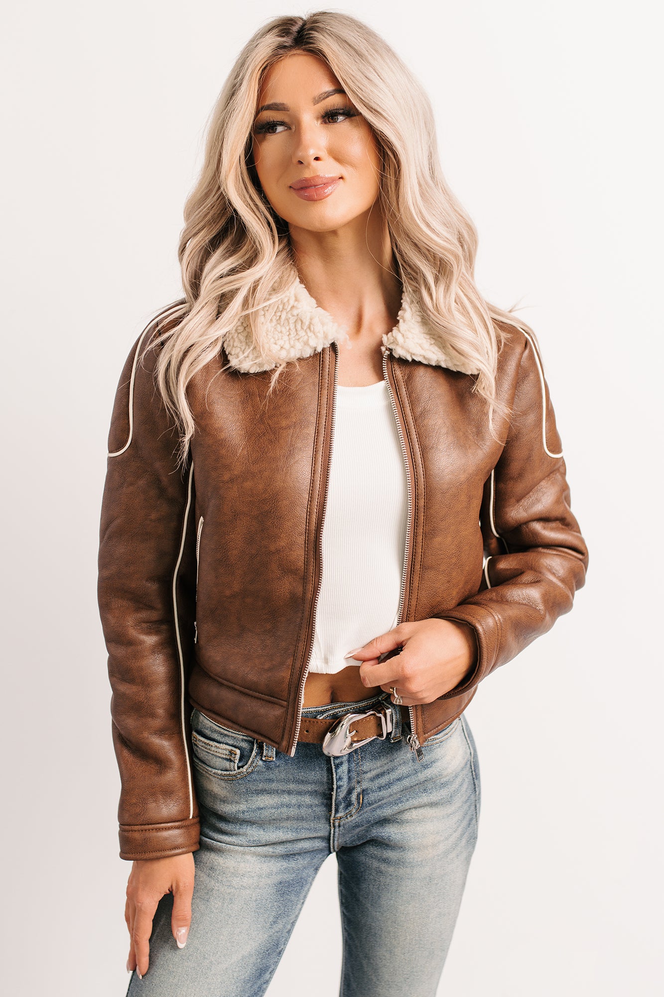 Boss Era Faux Leather Contrast Seam Jacket (Camel) - NanaMacs