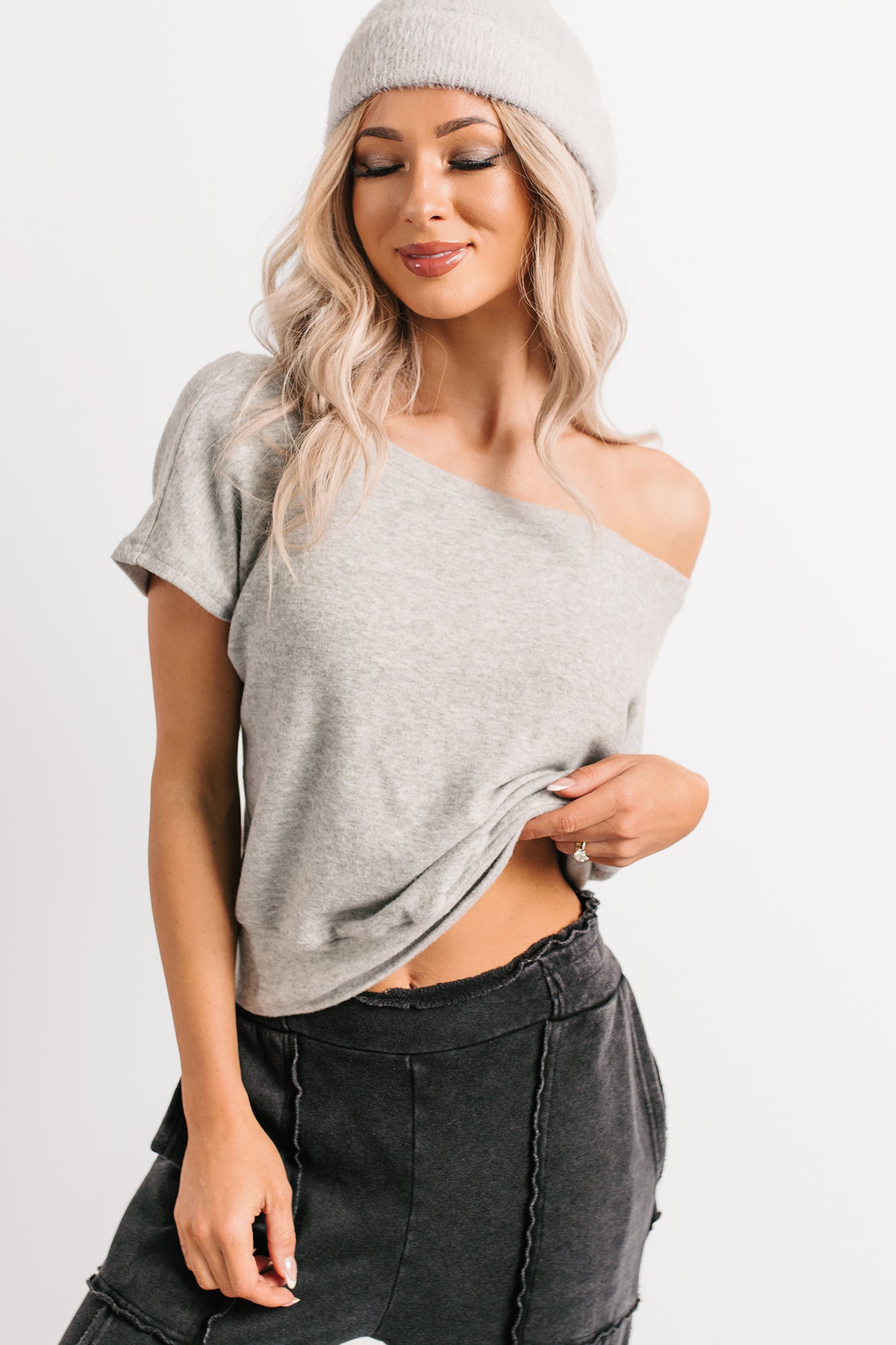 Meet Me There One Shoulder Short Sleeve Top (Heather Grey) - NanaMacs
