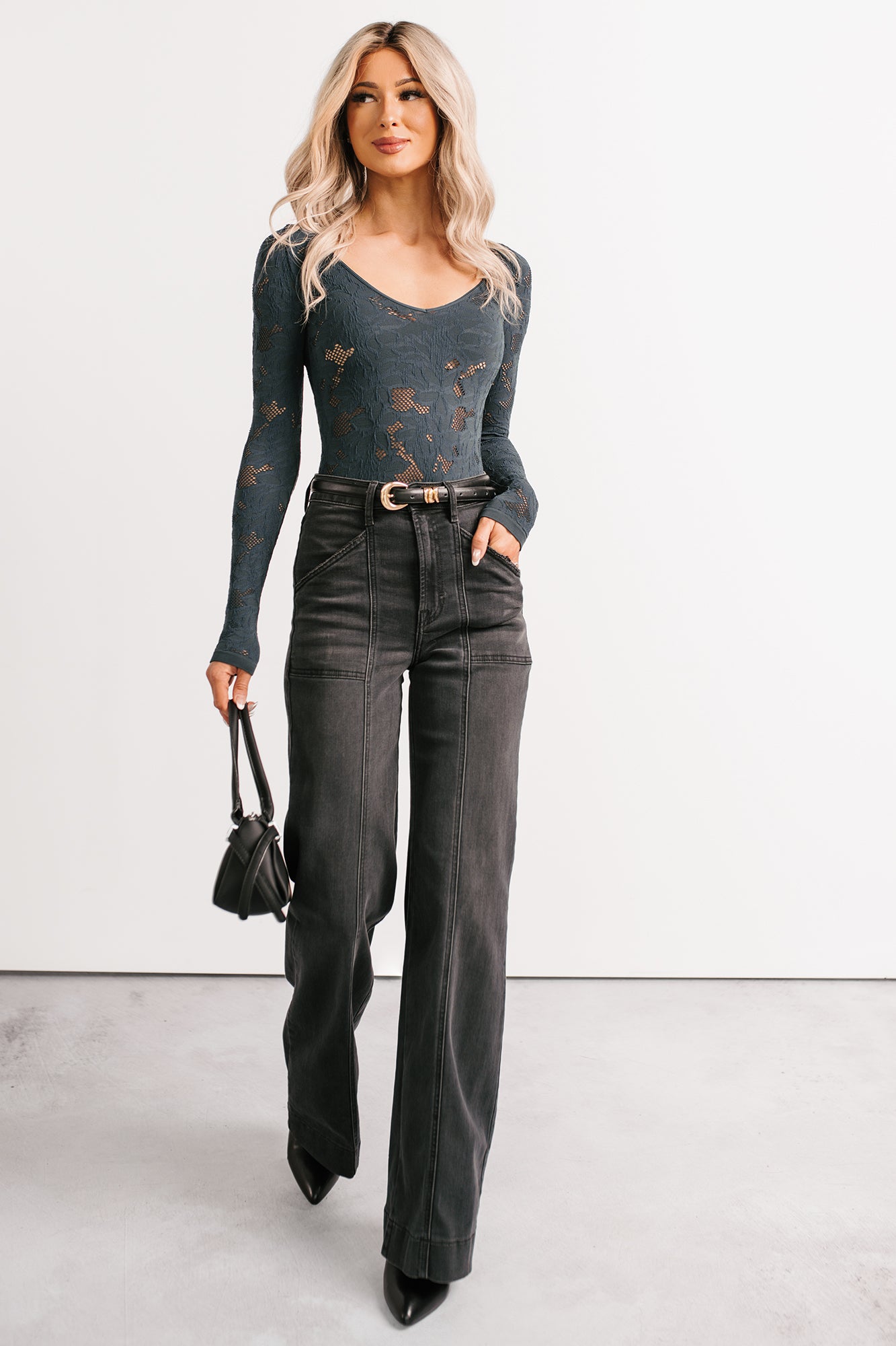 Go With It Long Sleeve Floral Textured Bodysuit (Forest Night) - NanaMacs