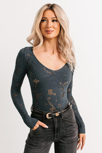 Go With It Long Sleeve Floral Textured Bodysuit (Forest Night) - NanaMacs