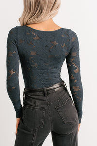 Go With It Long Sleeve Floral Textured Bodysuit (Forest Night) - NanaMacs