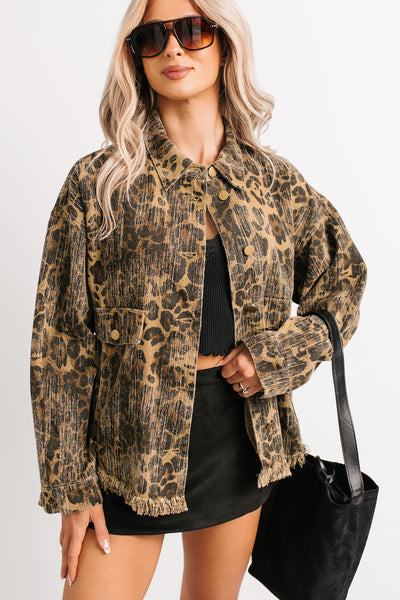 Pretty & Wild Distressed Denim Shacket (Camel/Leopard) - NanaMacs