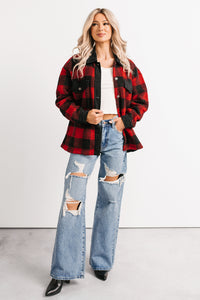 Holiday Hideaway Plaid Button-Up Sherpa Jacket (Red) - NanaMacs