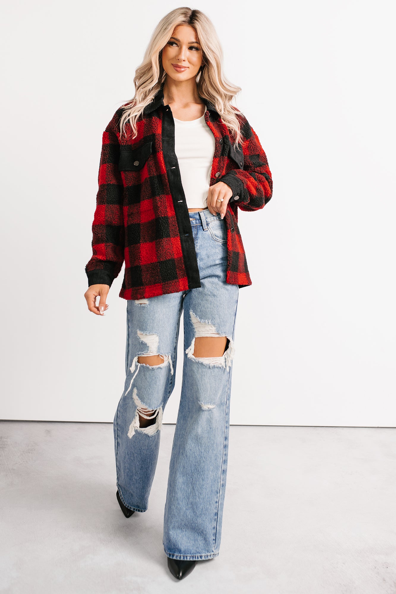 Holiday Hideaway Plaid Button-Up Sherpa Jacket (Red) - NanaMacs