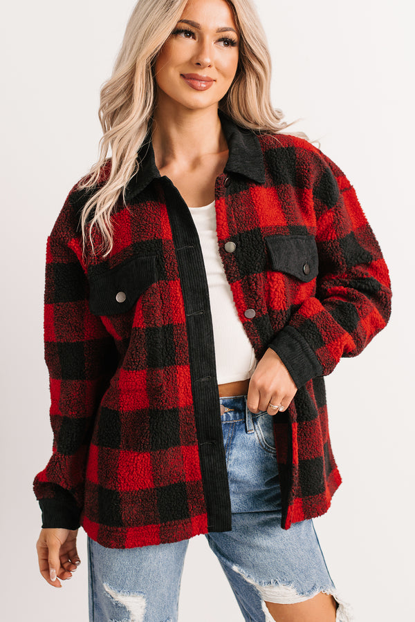 Holiday Hideaway Plaid Button-Up Sherpa Jacket (Red) - NanaMacs