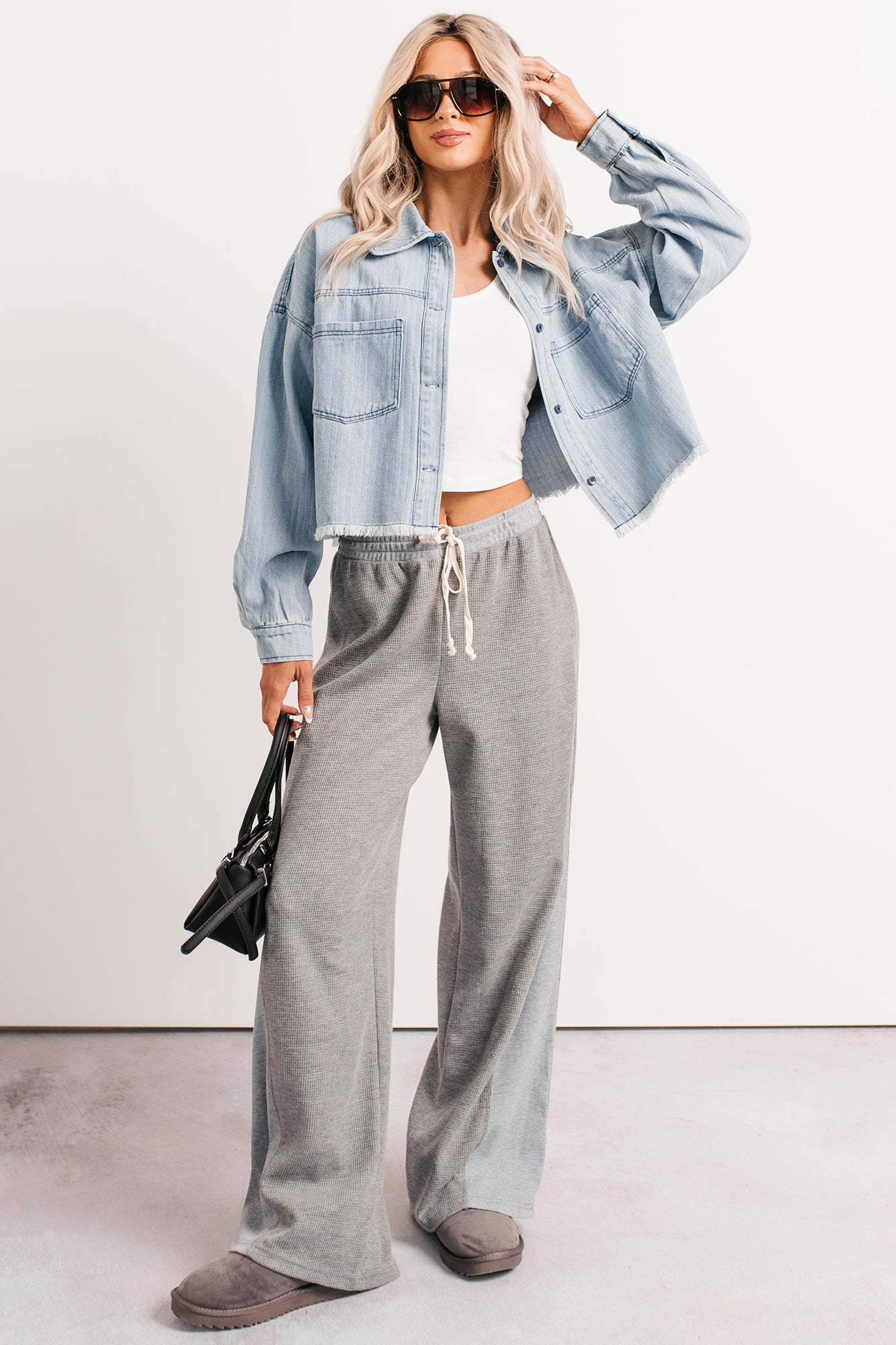 In The Daylight Contrast Tie Waffle Knit Pants (Heather Gray