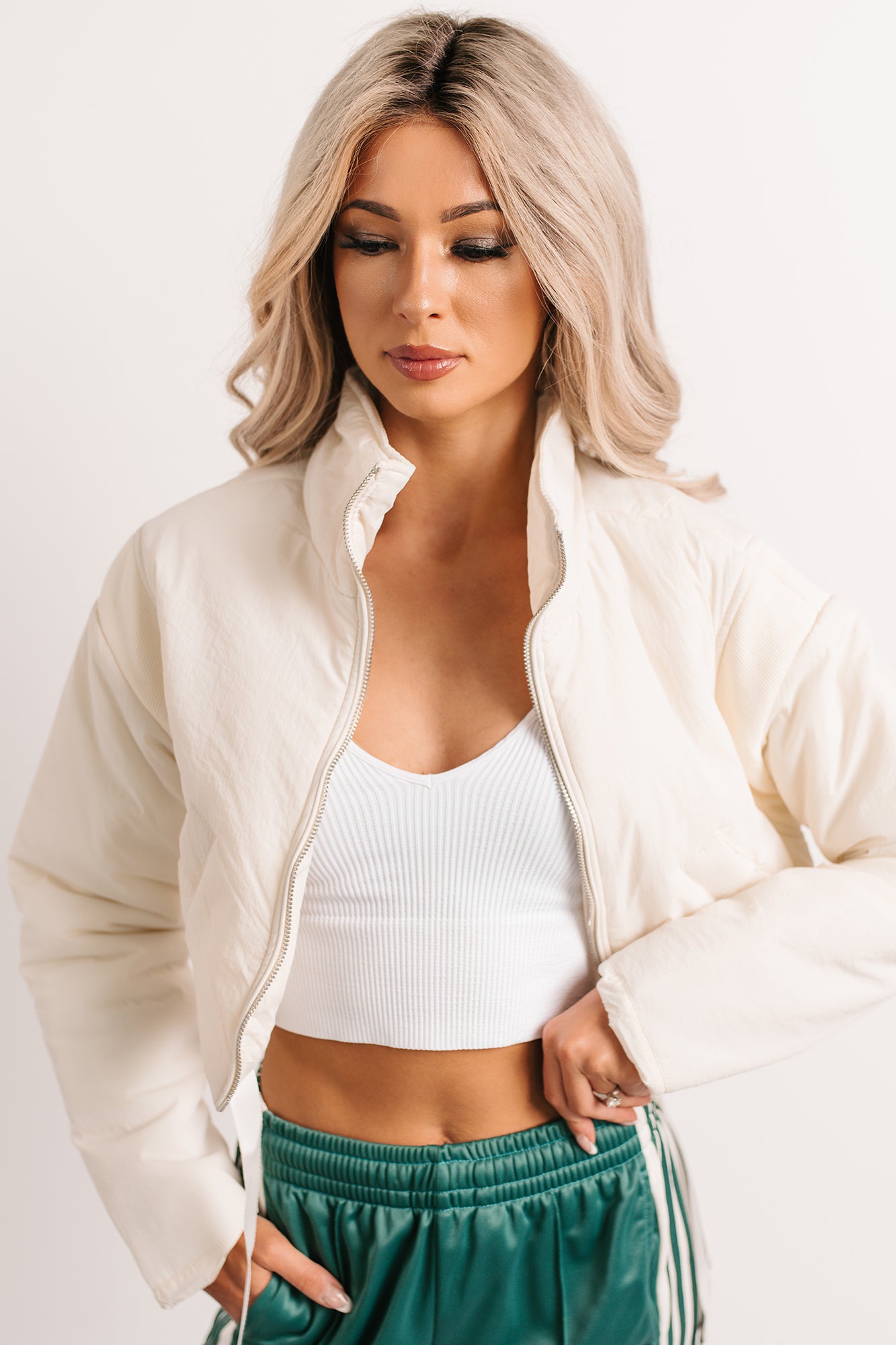 Snow Calls Cropped Bomber Jacket (Off White) - NanaMacs