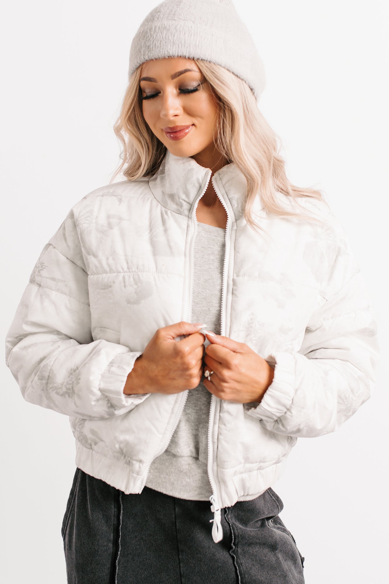 Winter Blooms Floral Puffer Jacket (White/Grey) - NanaMacs