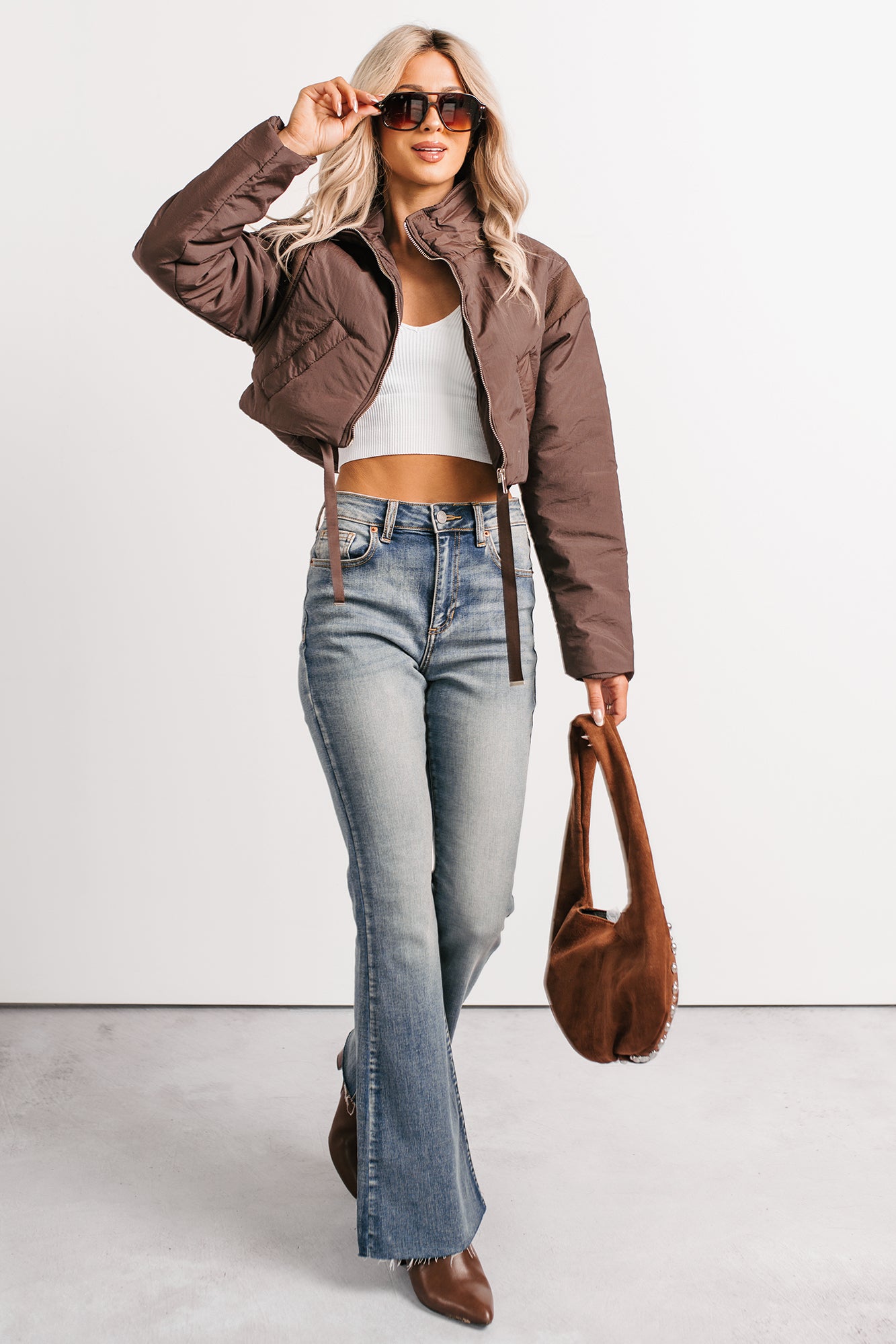 Snow Calls Cropped Bomber Jacket (Espresso) - NanaMacs