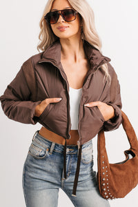 Snow Calls Cropped Bomber Jacket (Espresso) - NanaMacs