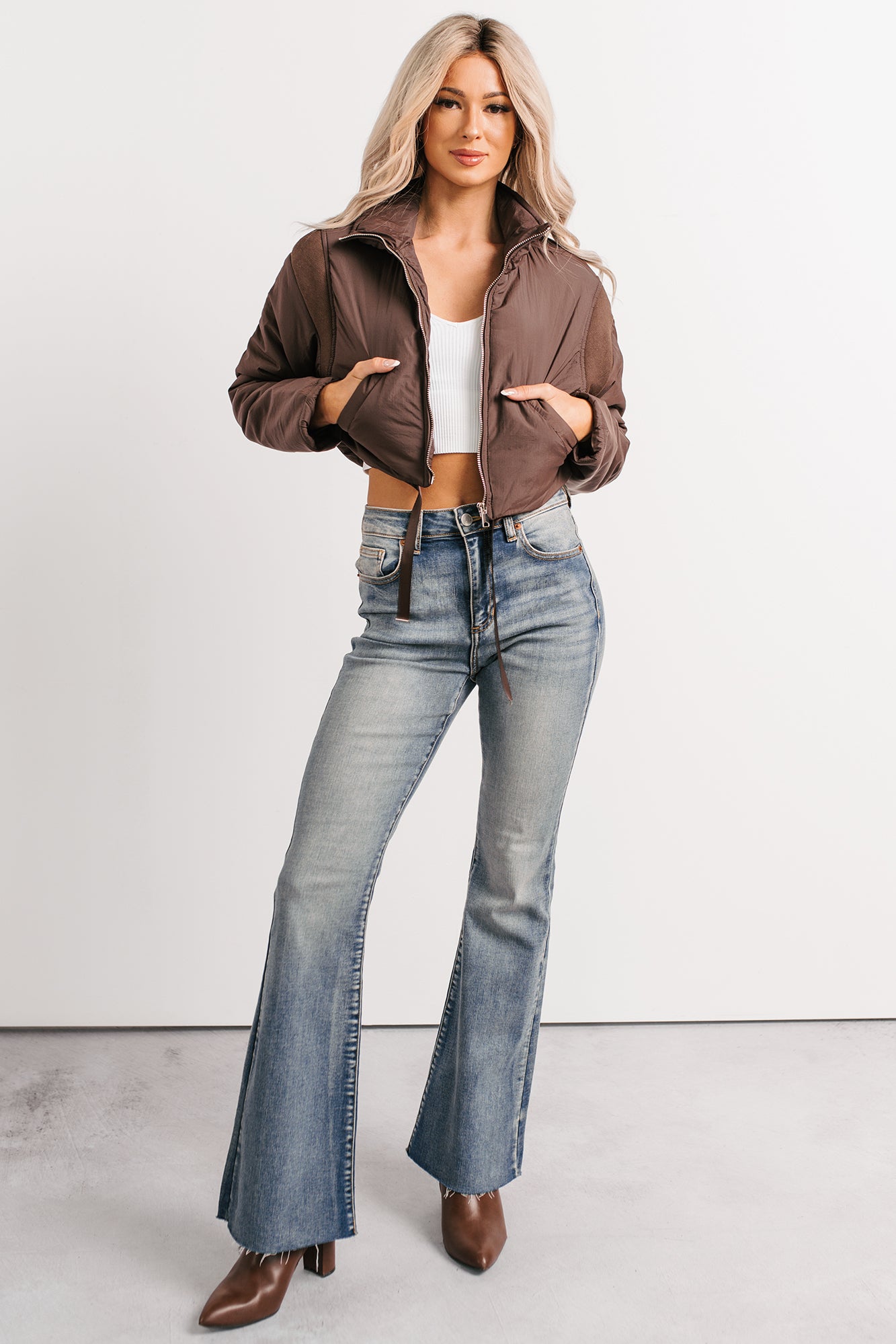 Snow Calls Cropped Bomber Jacket (Espresso) - NanaMacs