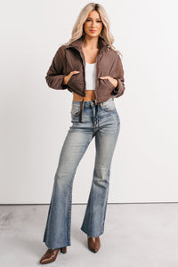 Snow Calls Cropped Bomber Jacket (Espresso) - NanaMacs