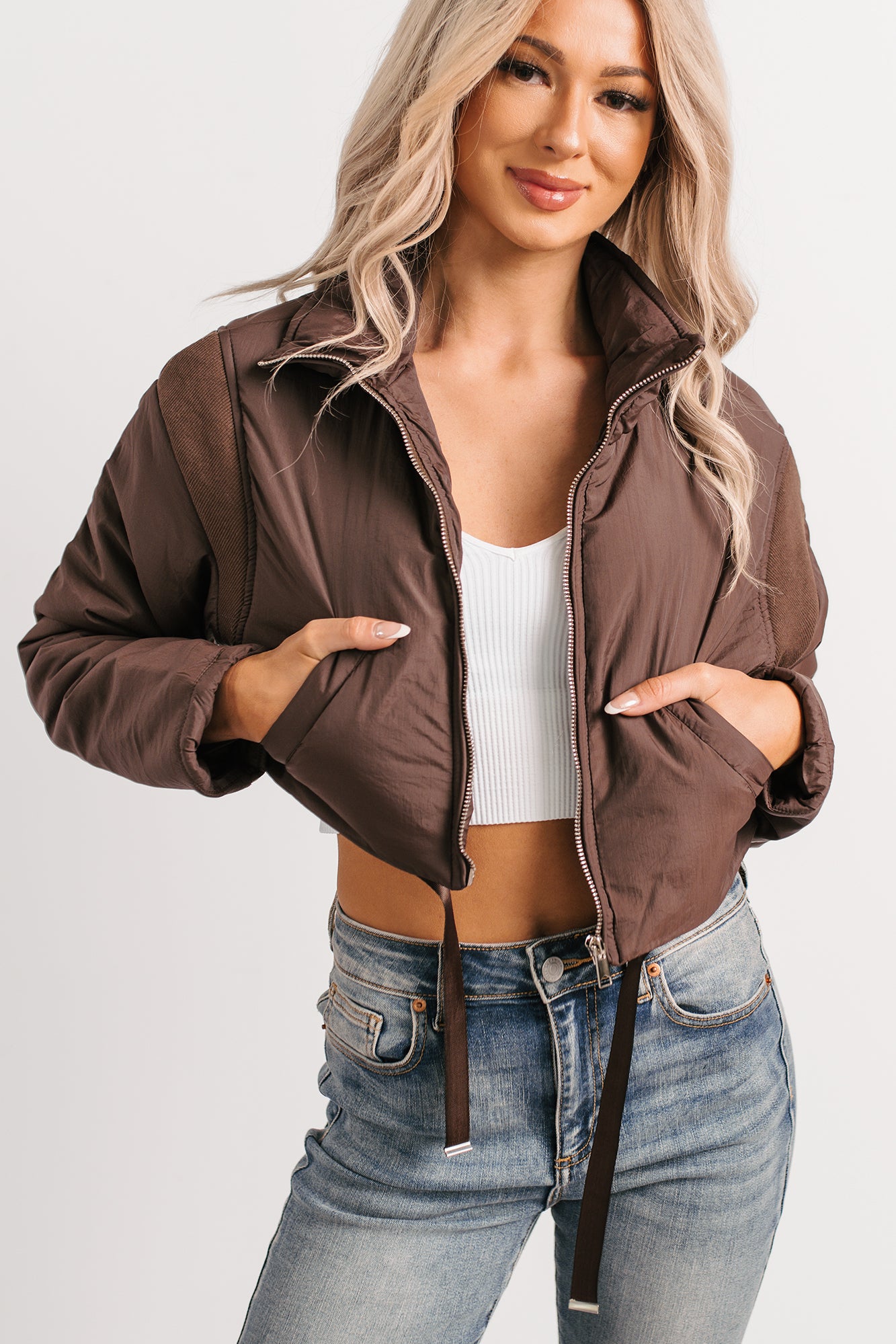 Snow Calls Cropped Bomber Jacket (Espresso) - NanaMacs