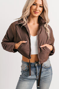 Snow Calls Cropped Bomber Jacket (Espresso) - NanaMacs