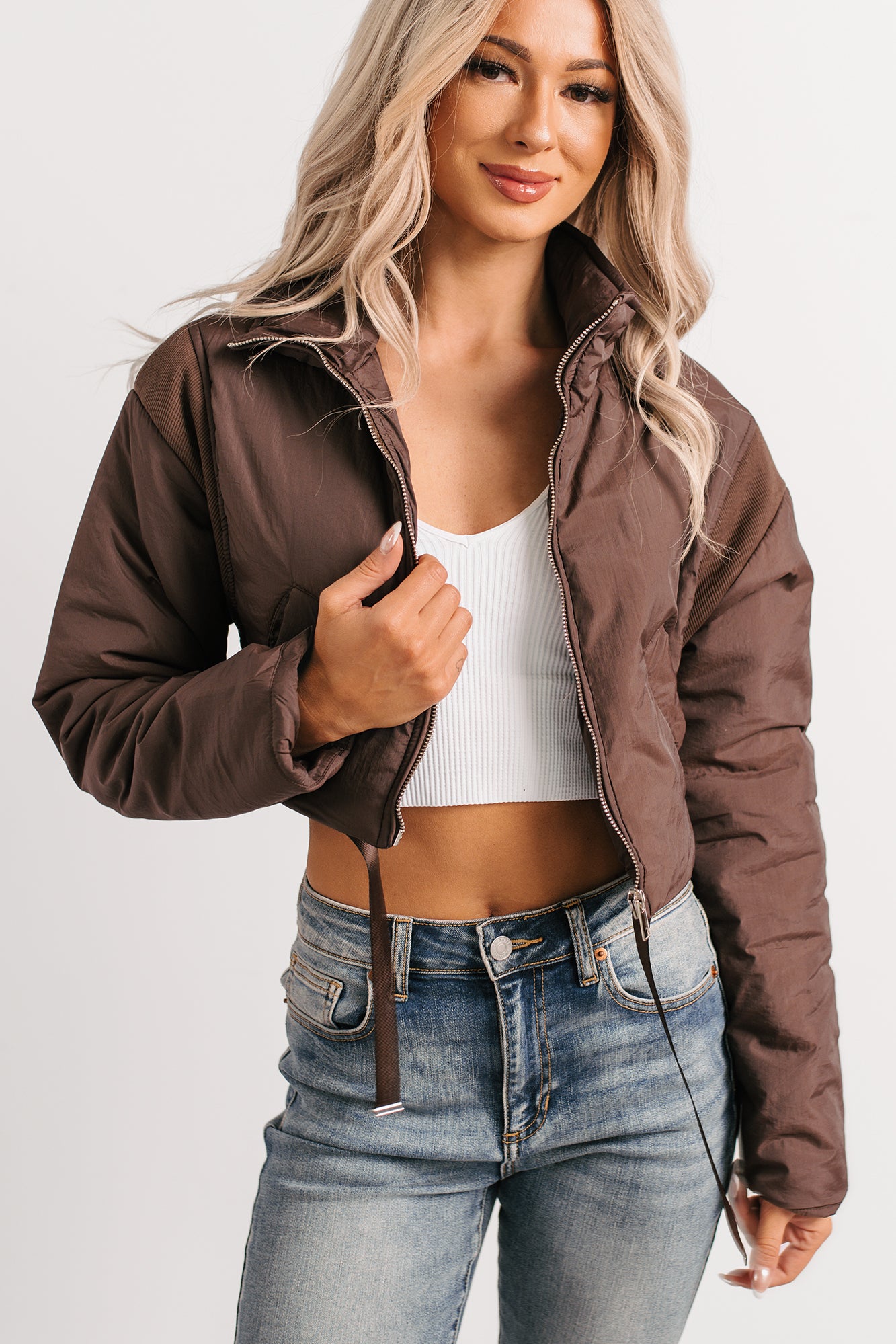 Snow Calls Cropped Bomber Jacket (Espresso) - NanaMacs
